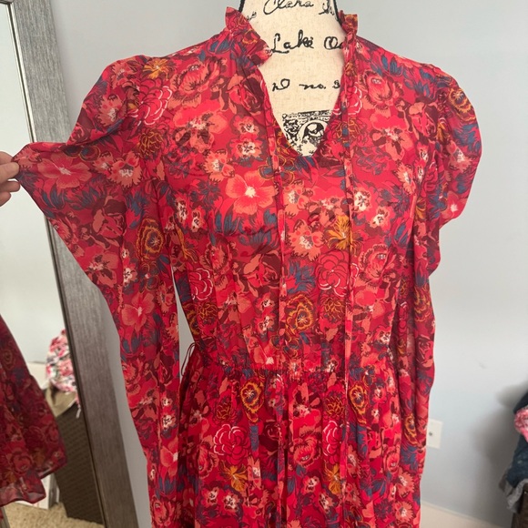 Floral Flying Tomato Dress Ruffled Puffy Shoulder Feminine Cocktail Size M - Picture 7 of 8